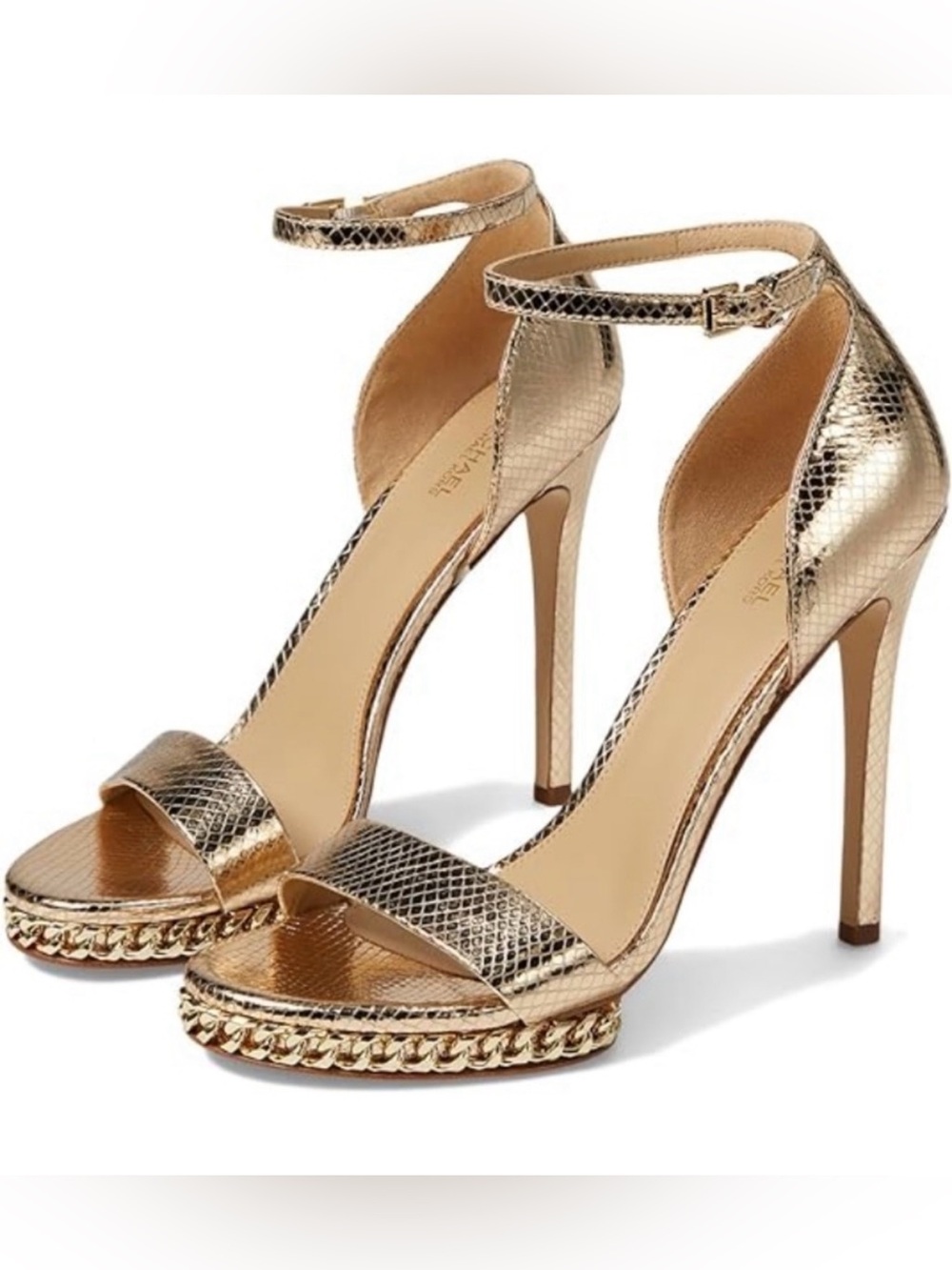 MICHAEL KORS Jordyn Metallic Gold Snake Embossed Leather Platform Sandals Sz 7